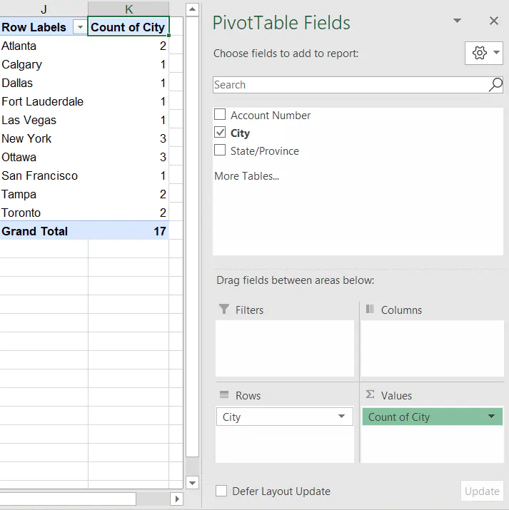 Count unique values Excel - pivot tables