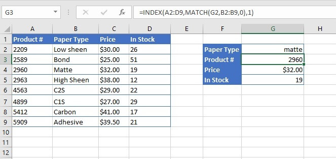 INDEX MATCH example 3