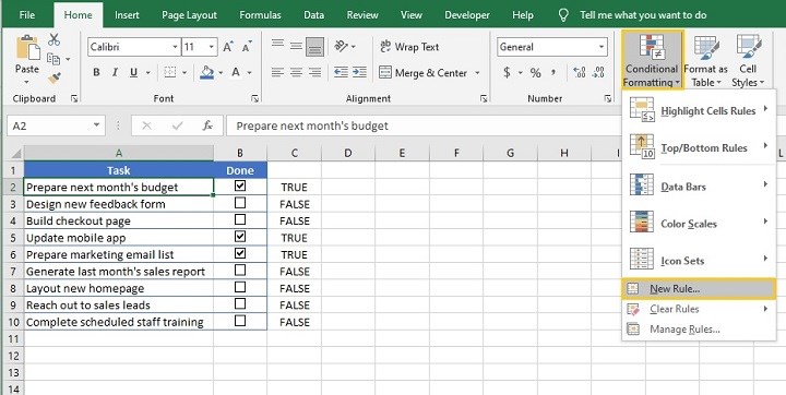 Excel checkbox - conditional formatting