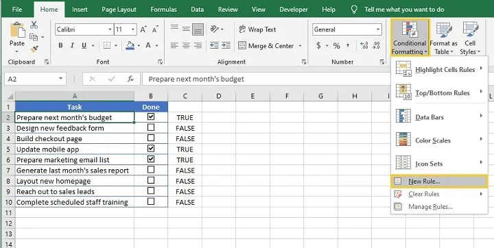 Kotak centang Excel - pemformatan bersyarat