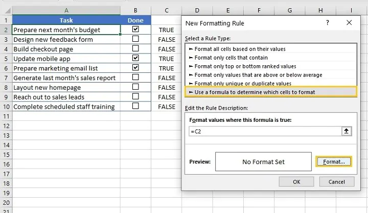 Kotak centang Excel - pemformatan bersyarat