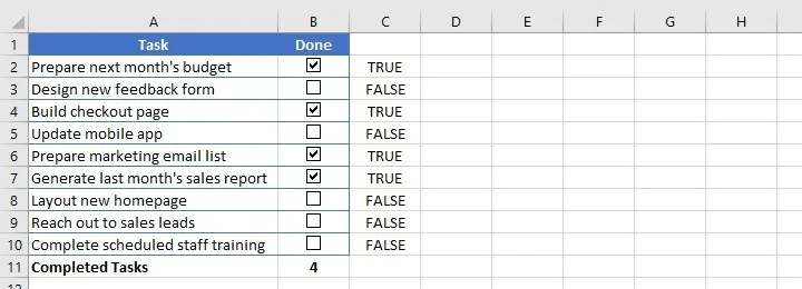 Kotak centang Excel - COUNTIF