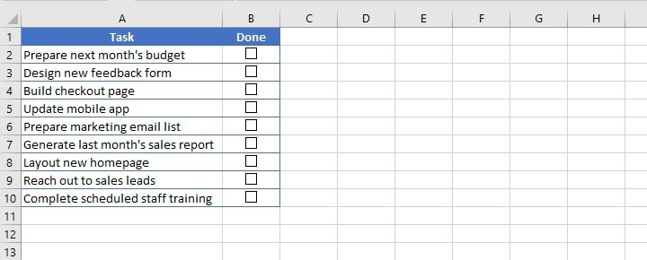 Excel checkbox