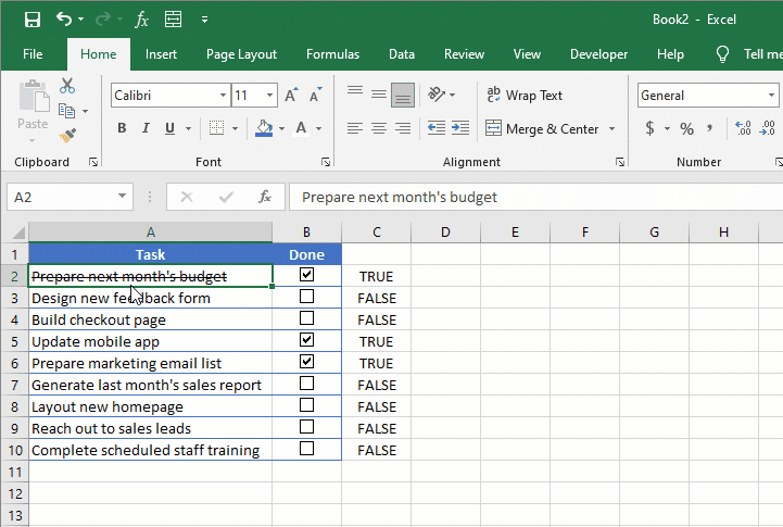 Kotak centang Excel - format cat