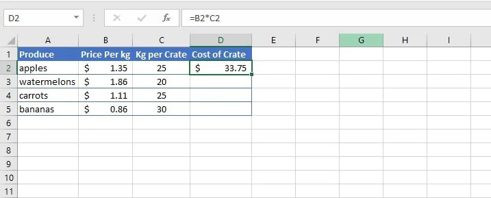 Kami akan mengganti referensi sel untuk setiap nilai, baik dengan mengetikkan referensi sel menggunakan nama unik setiap sel (konvensi kolom pertama, baris berikutnya), atau dengan mengklik setiap sel sambil mempertahankan format rumus Excel.  Harga satu kilogram apel ditampilkan di sel B2, dan jumlah kilogram dalam satu peti apel terletak di sel C2.