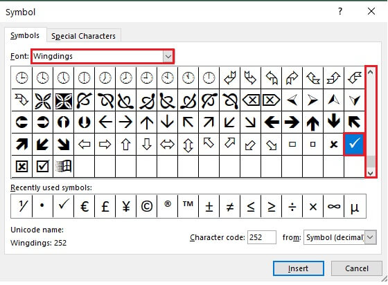 Check mark in Excel