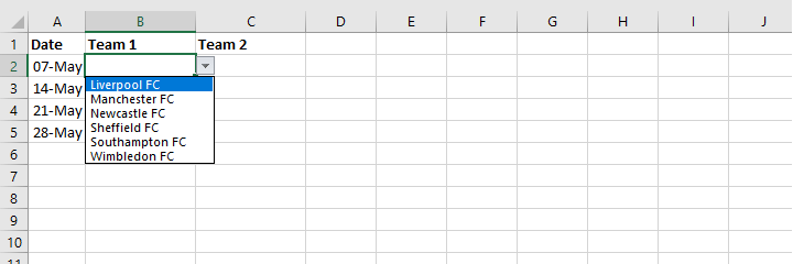 Excel drop down list