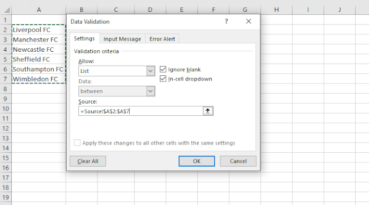 Excel drop down list