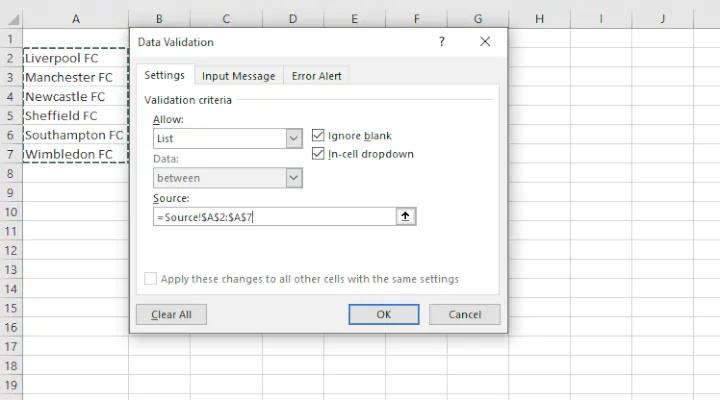 Excel drop down list