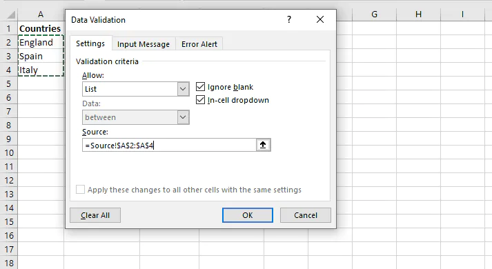 Excel drop down list