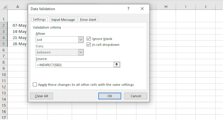 Excel drop down list