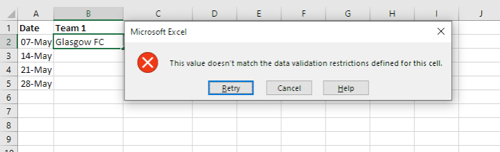 Excel drop down list