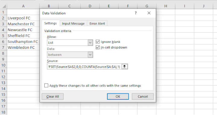 Excel drop down list