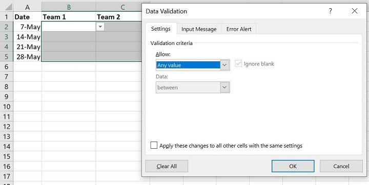 Excel drop down list