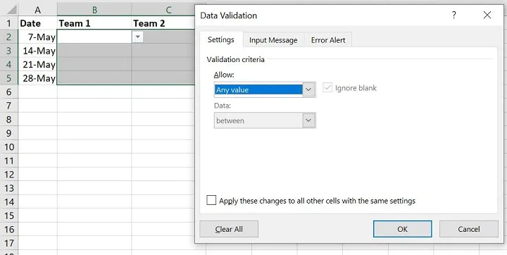 Excel drop down list
