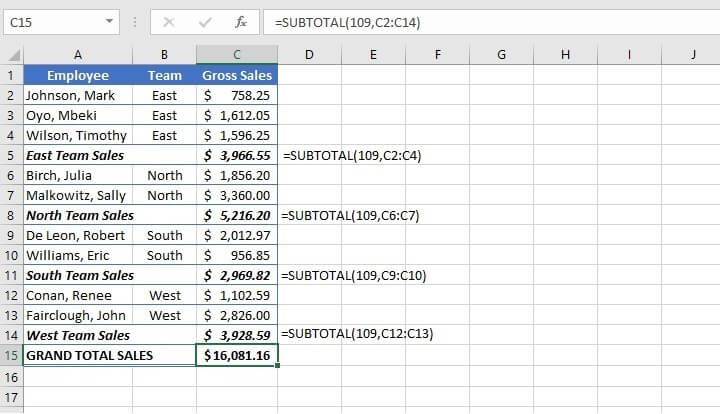 SUM function in Excel - SUBTOTAL