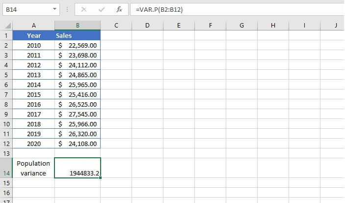 Variance formula Excel