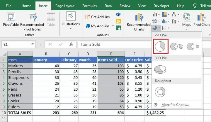 How to make a pie chart in Excel