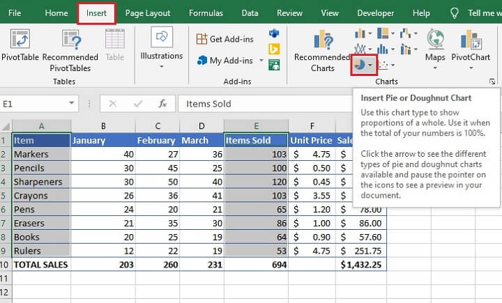 How to make a pie chart in Excel