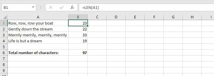 Fungsi penjumlahan Excel - fungsi LEN