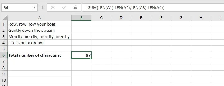Fungsi penjumlahan Excel - Fungsi LEN