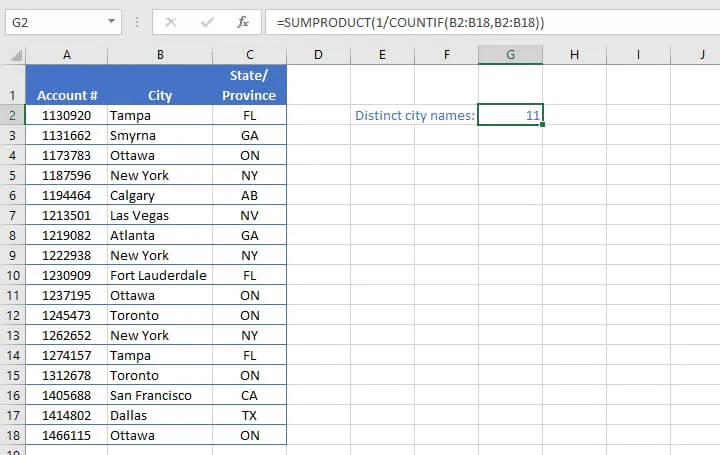 Excel sumproduct function - count distinct values