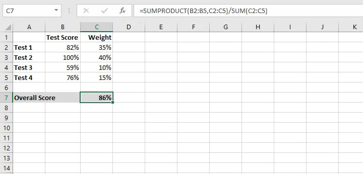 Excel sumproduct function - weighted average