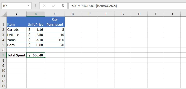 Excel sumproduct function