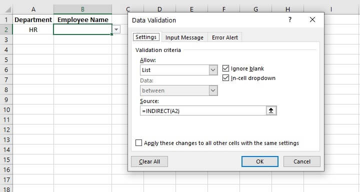 Excel indirect function