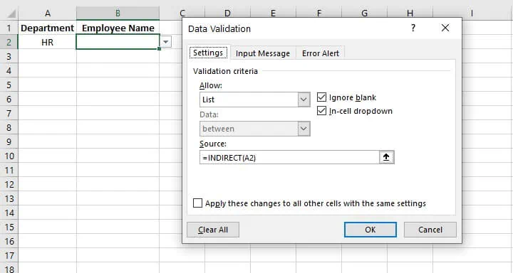 Excel indirect function
