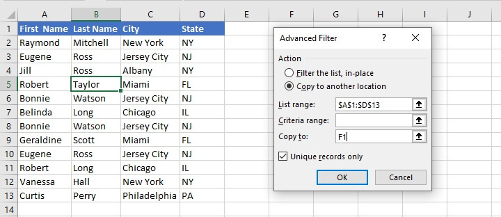 Remove duplicates Excel - advanced filters