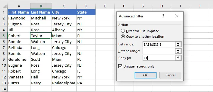 Remove duplicates Excel - advanced filters
