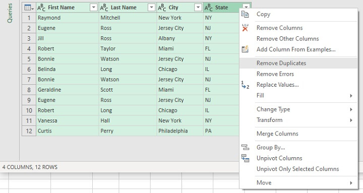 Remove duplicates Excel - power query