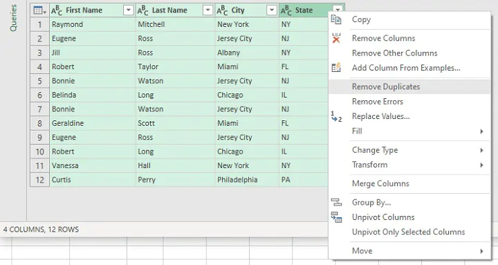 Remove duplicates Excel - power query