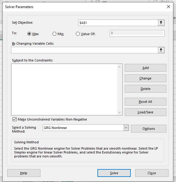 Excel Solver - solver parameters