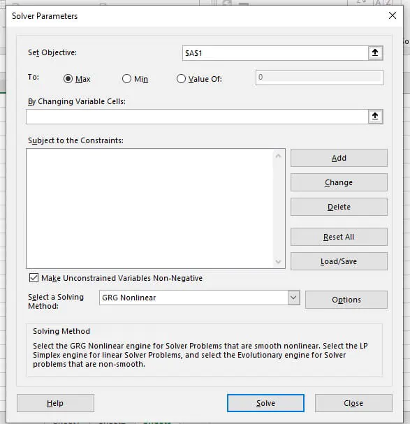 Excel Solver - solver parameters