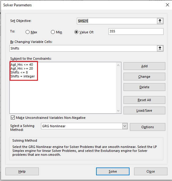 Excel Solver - constraints