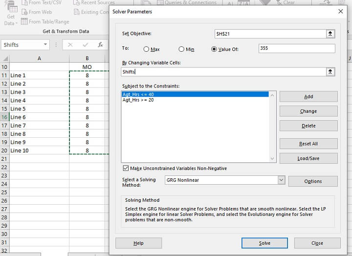 Excel Solver - constraints