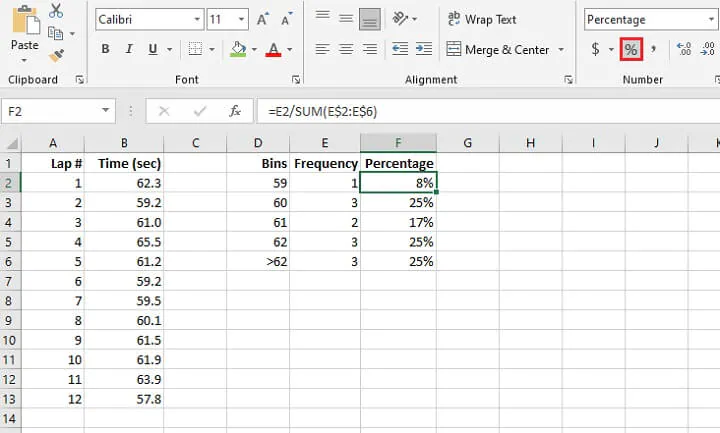 FREQUENCY Excel - percentage