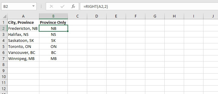 Excel right function