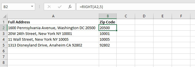 Excel right function