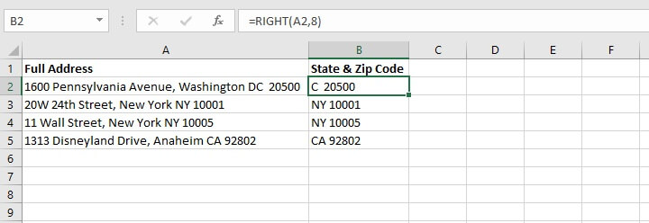 Excel right function