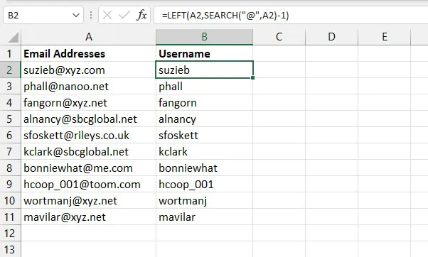 Excel SEARCH function - LEFT