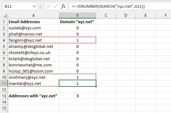 Excel SEARCH function - ISNUMBER