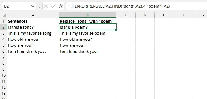 Excel find function - replace, iferror