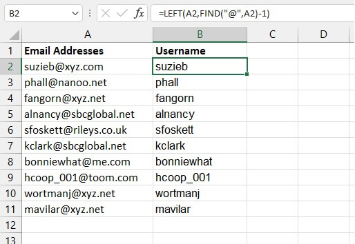 Excel find function - left