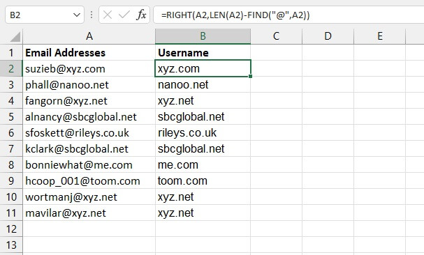 Excel find function - right