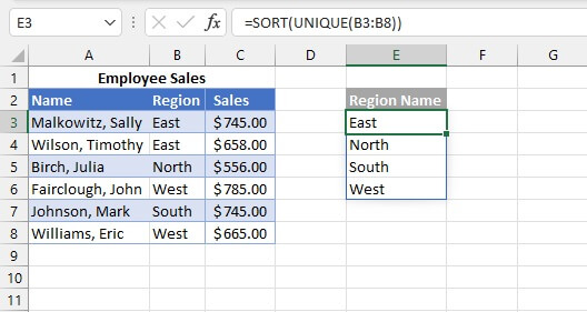 Excel dynamic arrays - SORT and UNIQUE