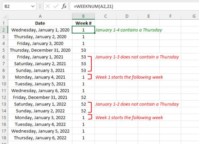 Excel date functions - WEEKNUM