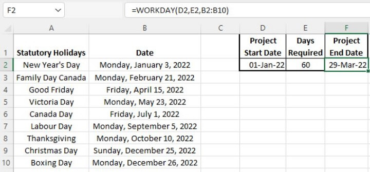 Excel date functions - WORKDAY